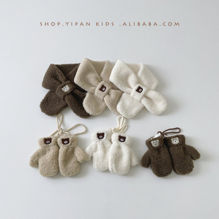 Yipang Kidsren's Gloves Winter 2025 New K-Style Ins Cartoon Bear Fleece-Lined Cute Warm Baby Halter