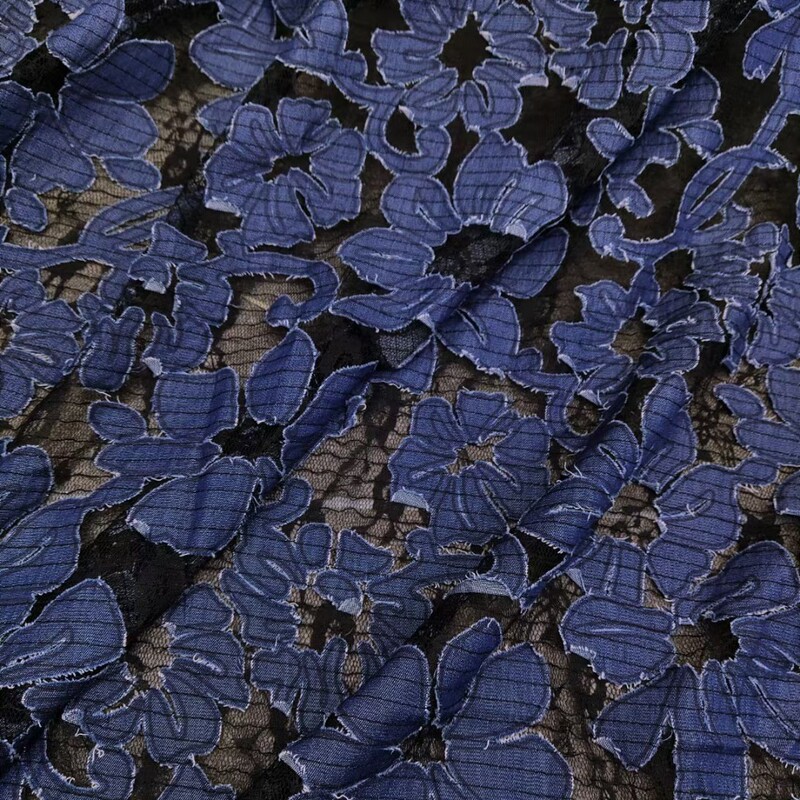 Spring and Summer Trendy Denim Blow-out Flower Craft Embroidered Fabric Lace Base Fabric Fashion High-end Women's Clothing Fabric Embroidered Fabric