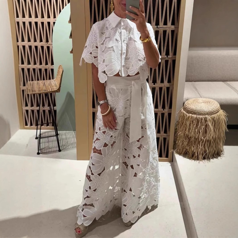 2025 European and American Summer New Amazon Cut Out Casual Lace Shirt Pants Casual Suit