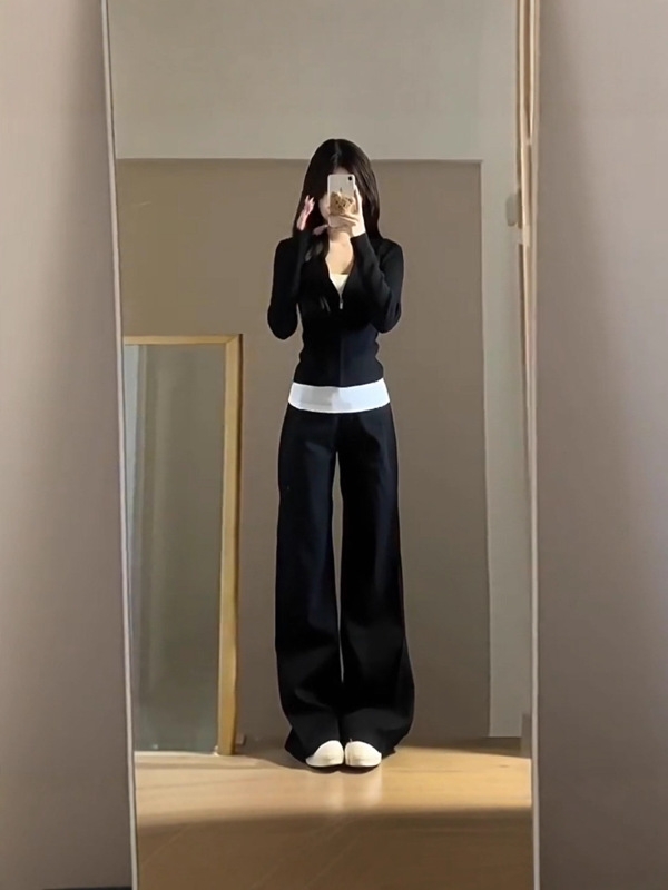 辣妹黑色休闲运动套装女秋修身显瘦长袖上衣内搭吊带阔腿裤三件套|undefined