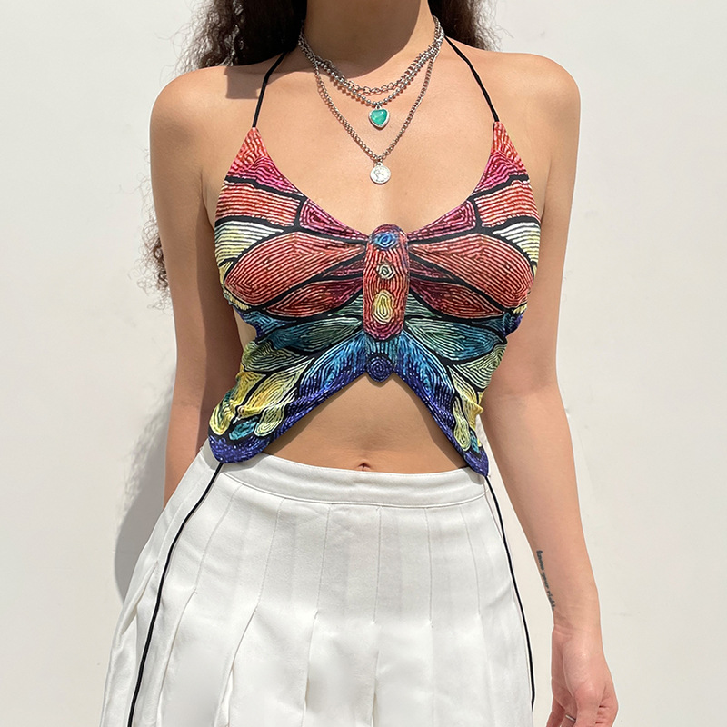 Foreign Trade European And American Style 2021 Street Hipster Hot Girl Sexy Butterfly Denim Vest Strapless Backless Suspender Top