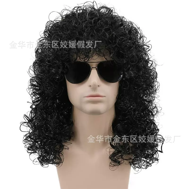 70s 80s欧美摇滚男士假发万圣节角色扮演假发黑色长卷发跨境热销