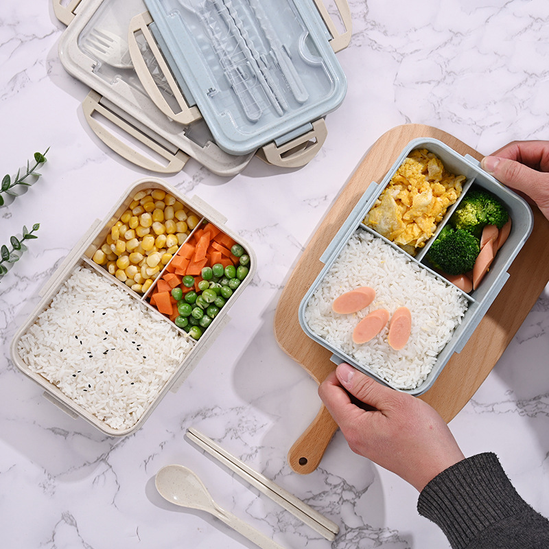 Caja de almuerzo de paja de trigo caja de almuerzo portátil trabajador de oficina estudiante caja de almuerzo horno de microondas calefacción caja de almuerzo de tres rejillas