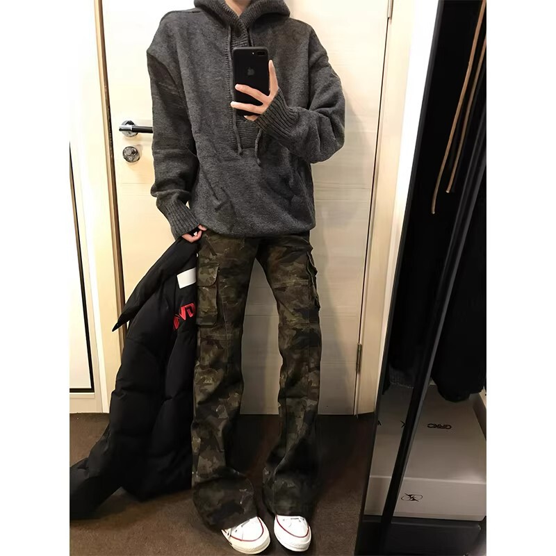 American Retro Camouflage Flared Work Pants for Men, Spring and Autumn Vibe High Street Pants, Cleanfit Slim-Fit Jeans American Retro Camouflage Flared Work Pants for Men, Spring and Autumn Vibe High Street Pants, Cleanfit Slim-Fit Jeans