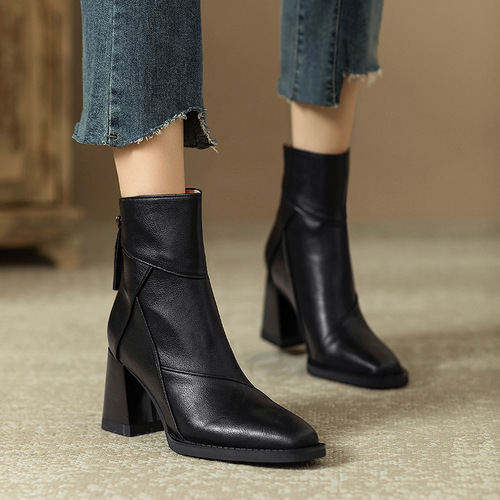 Rough short boots for women, high-heeled winter brown slim boots, British style retro Martin boots
