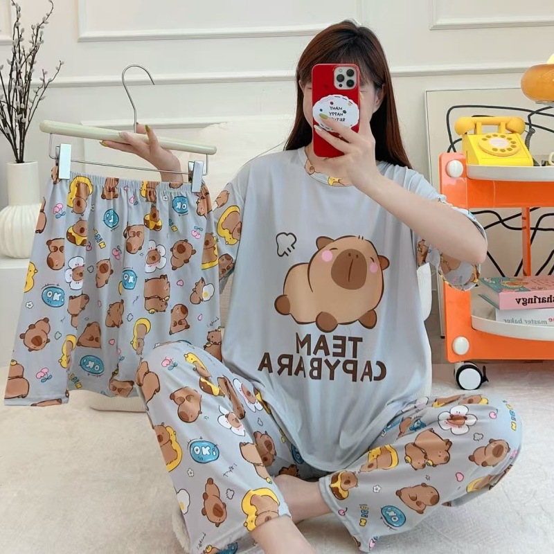 Pijamas de verano transfronterizos pijamas de leche de seda de tres piezas set de dibujos animados comercio exterior ropa para el hogar pantalones de mangas cortas lindos