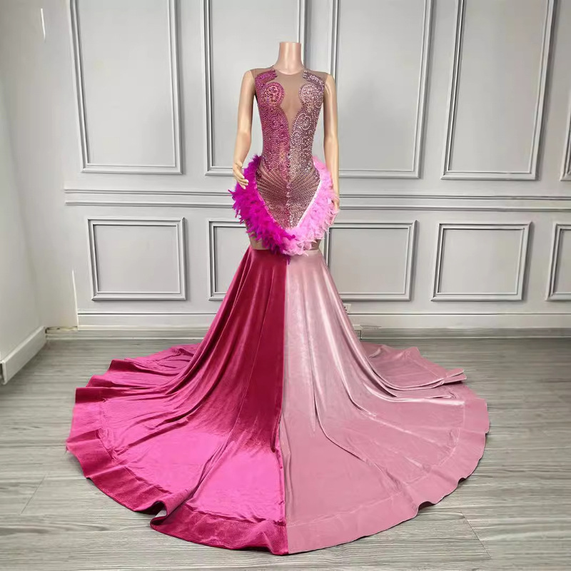 high quality Fashionable Round Neck Design Diamond-encrusted Mesh Velvet Slim-fit Long Floor-length dress Women's Wear