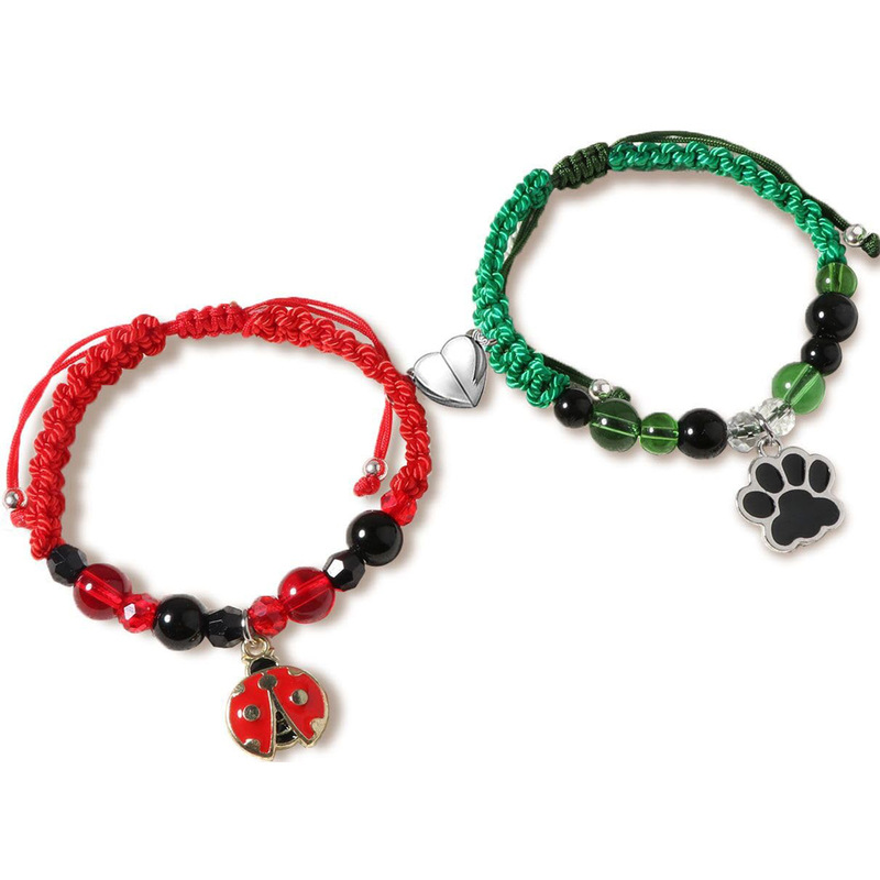 Couple Bracelet Set Red Rope Braided Crystal Chalcedony Flash Stone Braided Ladybug Pendant Love Magnetic Bracelet
