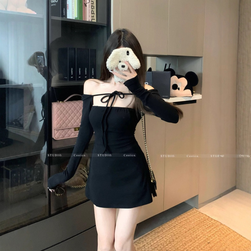 One-Shoulder Black Sexy Long-Sleeved Knitted Dress for Women in Early Autumn Slim Waist Skirt Design Hip-Hugging Skirt
