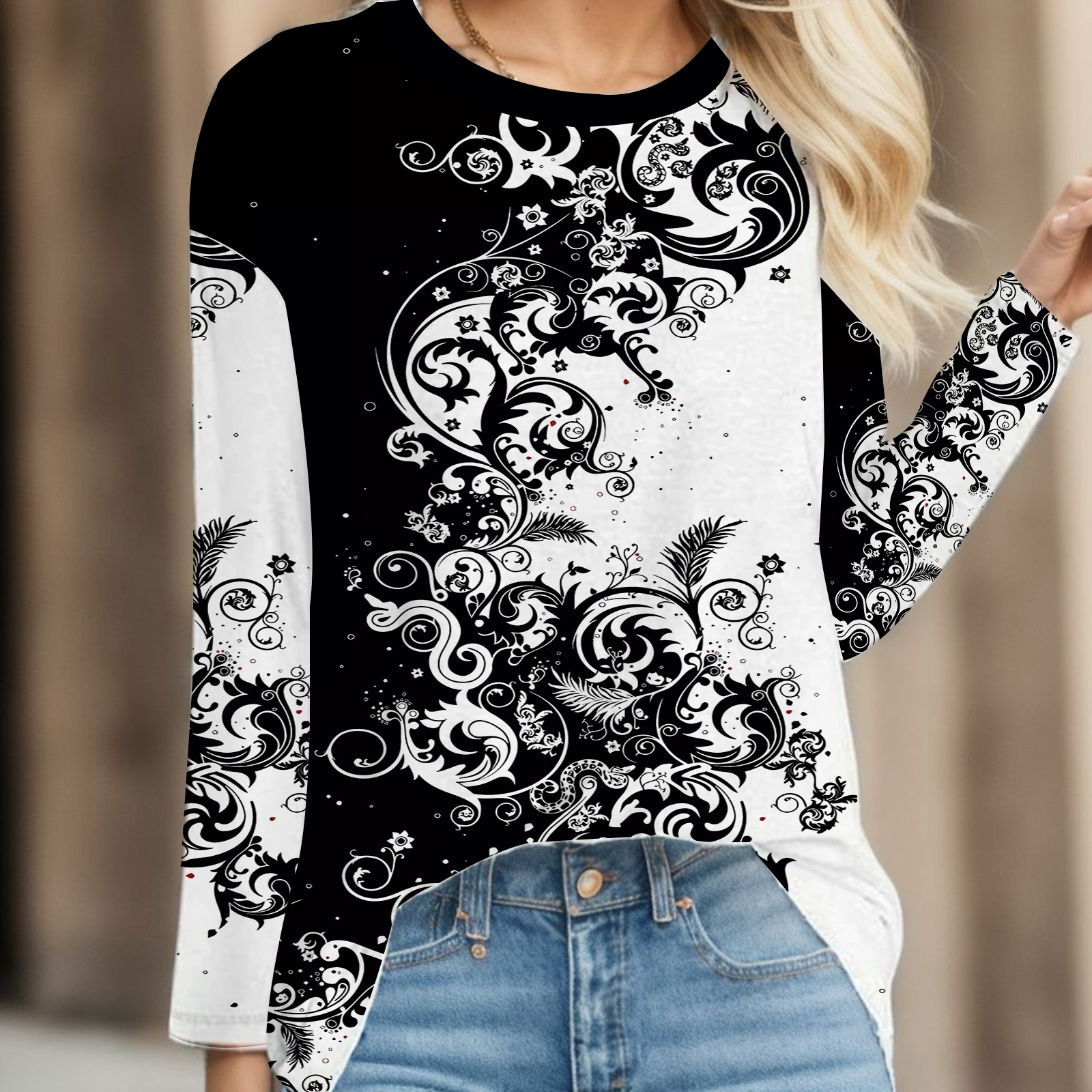Transfronterizo otoño e invierno nuevas señoras casual cuello redondo Pascua impresión digital casual suelto cuello redondo suéter de manga larga para mujer