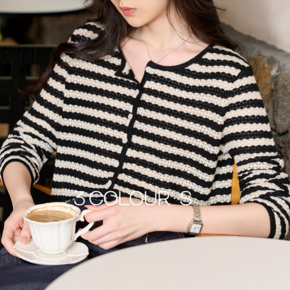 Sancai 2026 Spring New Striped Sweater Round Neck Cardigan Jacket Casual Simple Commuter Top Women's S