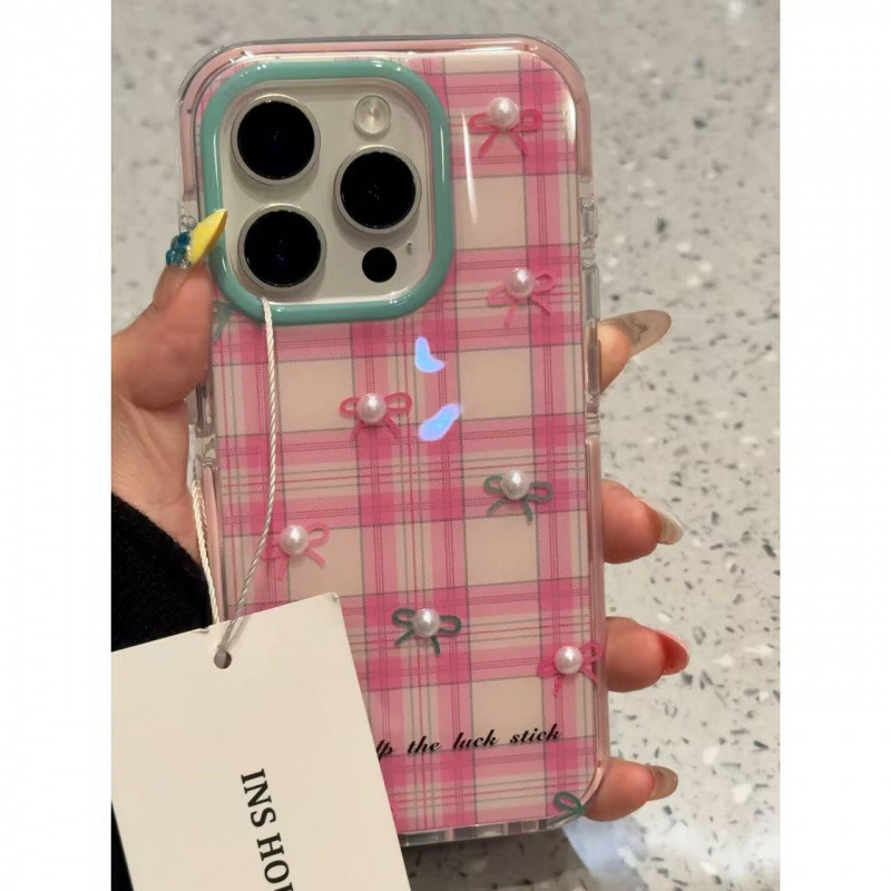クリエイティブなピンクと白のチェック柄の立体ビーズリボンリボン iphone16promax apple 15 携帯電話ケースに適しています|undefined