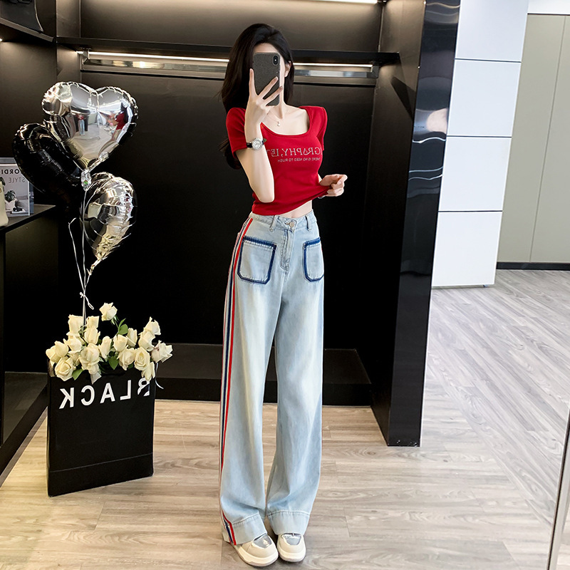 Dopamine 2026 New Trendy Hot-Selling Stylish Slim-Fit Short-Sleeve Crop Top High-Waisted Fashion Striped Jeans