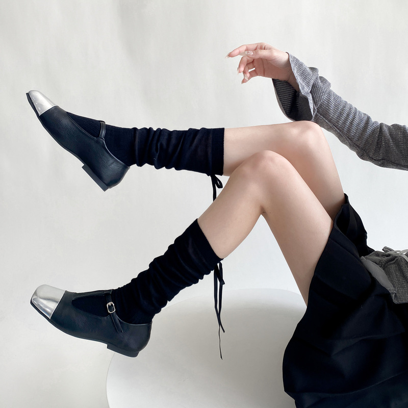 miu miuqi~バレエ風リボンパイルカーフソックス膝上リボンレディースJKスプライシングシンプルストッキング|undefined