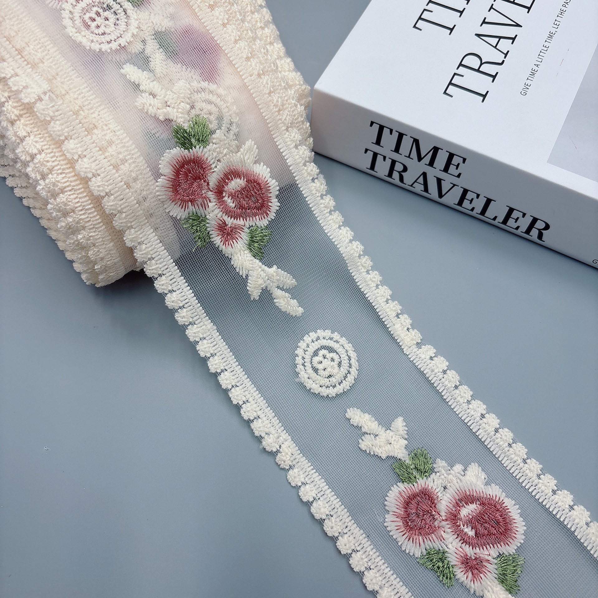 8.5CM三色刺绣花边双边定型纱蝴蝶结窗帘发夹发箍DIY手工饰品配件