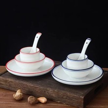 2024新款釉中彩酒店摆台双红线双蓝线四件套餐具加厚消毒餐具