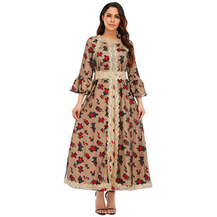 Factory direct Idol Europe and the United States new national printing embroidery lace mesh muslim dress 21275