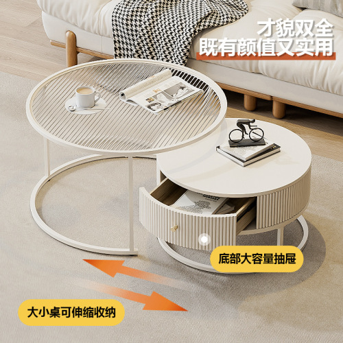 Small apartment retractable double coffee table simple slate drawer storage table cream style brown glass round table combination