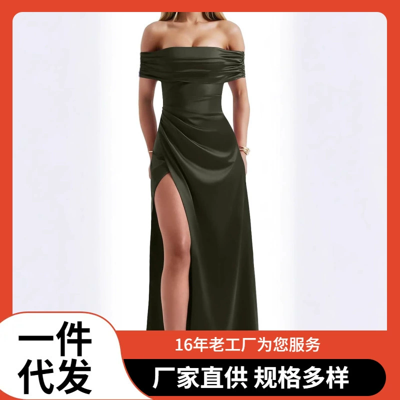 Элегантное вечернее платье для вечеринки с открытыми плечами, высоким разрезом и рукавами на плечах для трансграничной торговли на AliExpress