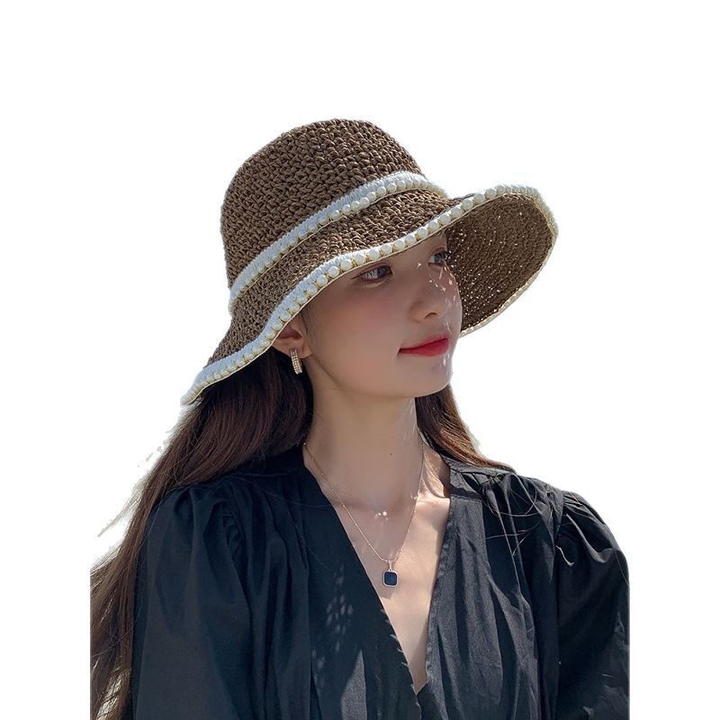 Hepburn Style Straw Sun Hat For Women Pearl Woven Beach Visor_voghion.com