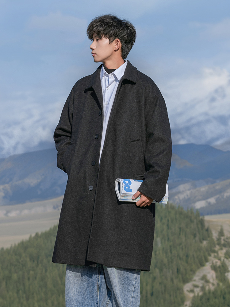 日本風カジュアルミドル丈高級ウールコート メンズ 秋冬 厚手 防風 トレンドブランド ラペル付きウインドブレーカー ジャケットq