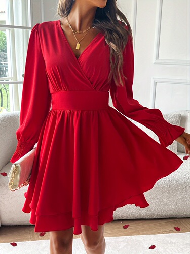 High Waisted Temperament V Neck Long Sleeved Dress Casual