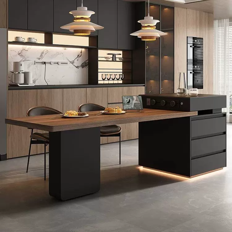 高端木纹岩板岛台餐桌一体家用餐桌椅组合伸缩多功能厨房储物导台