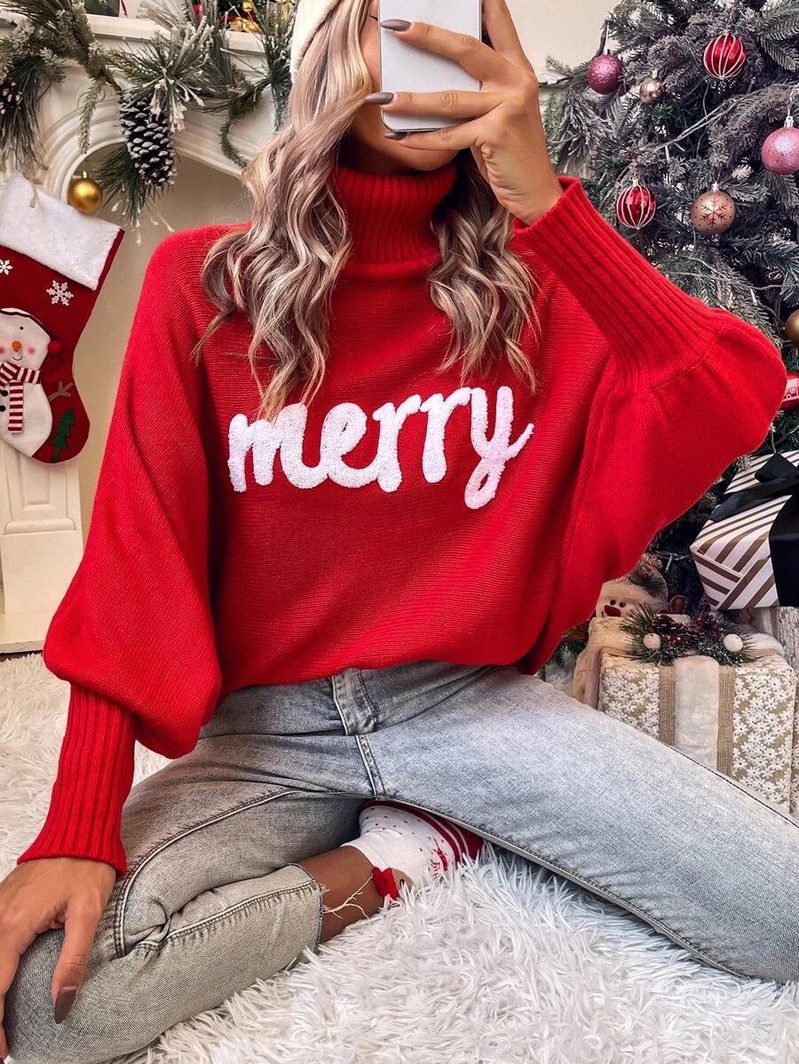350g Weight Long Sleeve Sleeve Length Pullovers Placket Type Batwing Sleeve Sleeve Type Polyester, Polyacrylonitrile Fiber Fabric Type Long Top Length Sweater Tops Type Daily Occasion Turtleneck Neckline Loose Fit Type Christmas Festival Letter Pattern Winter, Autumn Season Women's Gender Embroidery Design Streetwear Style Wholesale Women's Streetwear Letter Long Sleeve Embroidery Sweaters & Cardigans 2