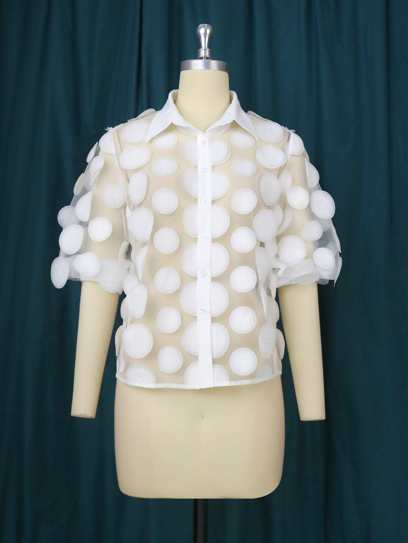 AM021226 nuevo nicho creativo Dot parche superior diseñador transpirable ver-a través de camisa