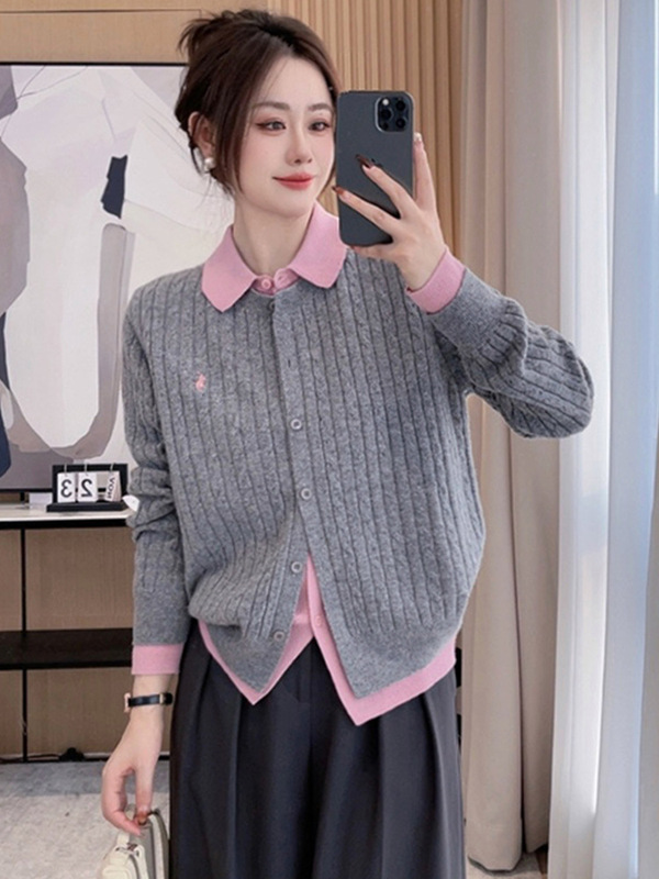欧货翻领拼接针织毛衣女秋2025新款宽松软糯假两件长袖开衫上衣|undefined