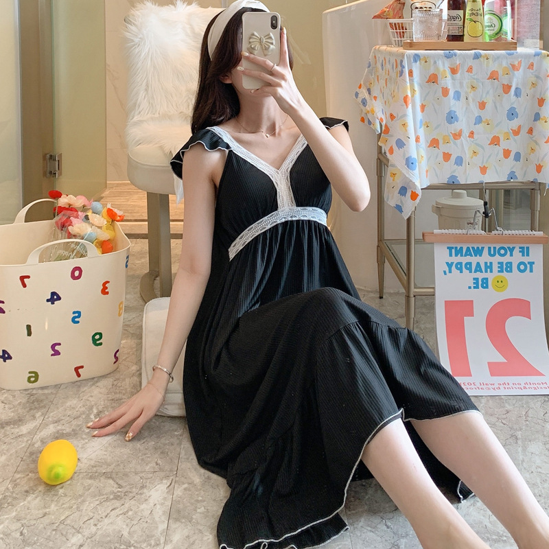 Tiktok live pijamas de verano polka dot sexy con almohadilla en el pecho camisón de media longitud de encaje dulce ropa para el hogar de las mujeres