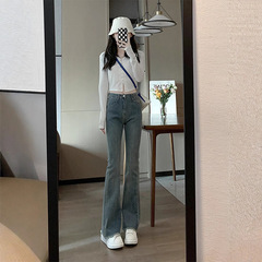 ハイウエストのレトロな毛の縁のラッパのジーパンの女性の春秋の金の2023春の項の少し辛い馬の蹄のズボンはやせているラッパのズボンを現します。