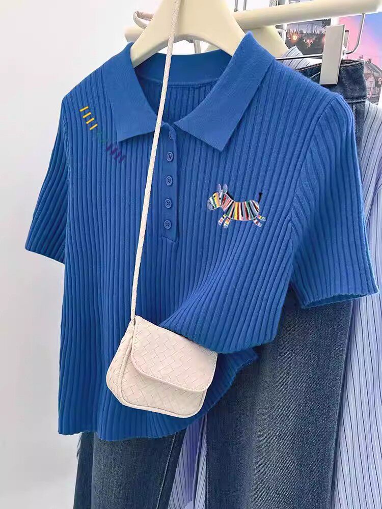 Áo thun polo cổ bẻ dệt kim tay ngắn mùa hè phong cách Hàn Quốc — Màu ảnh