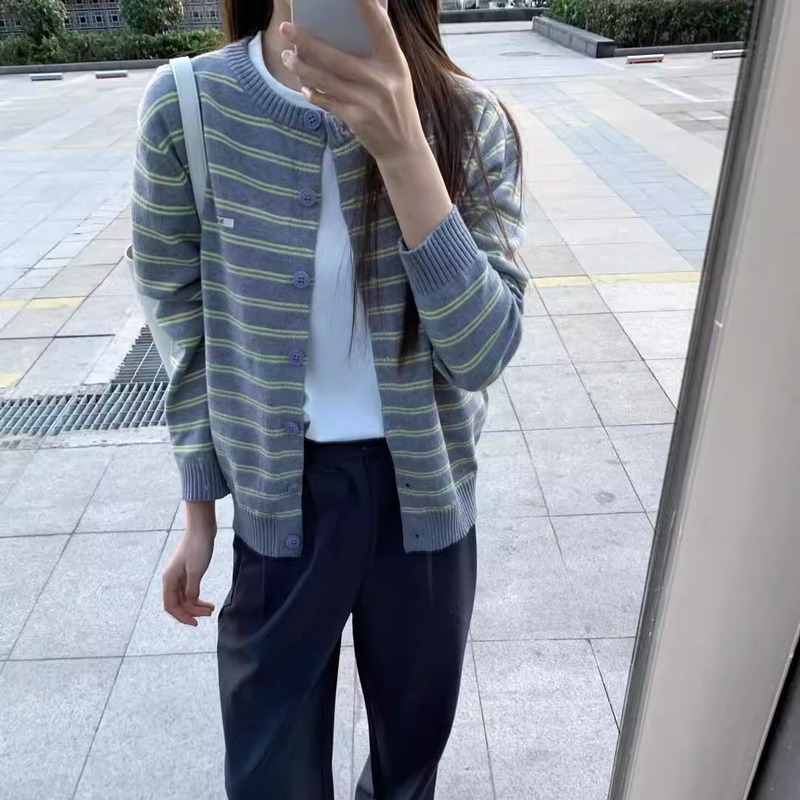 春秋新款圆领开衫女宽松韩版条纹显瘦薄短款百搭拼色上衣针织外套|undefined