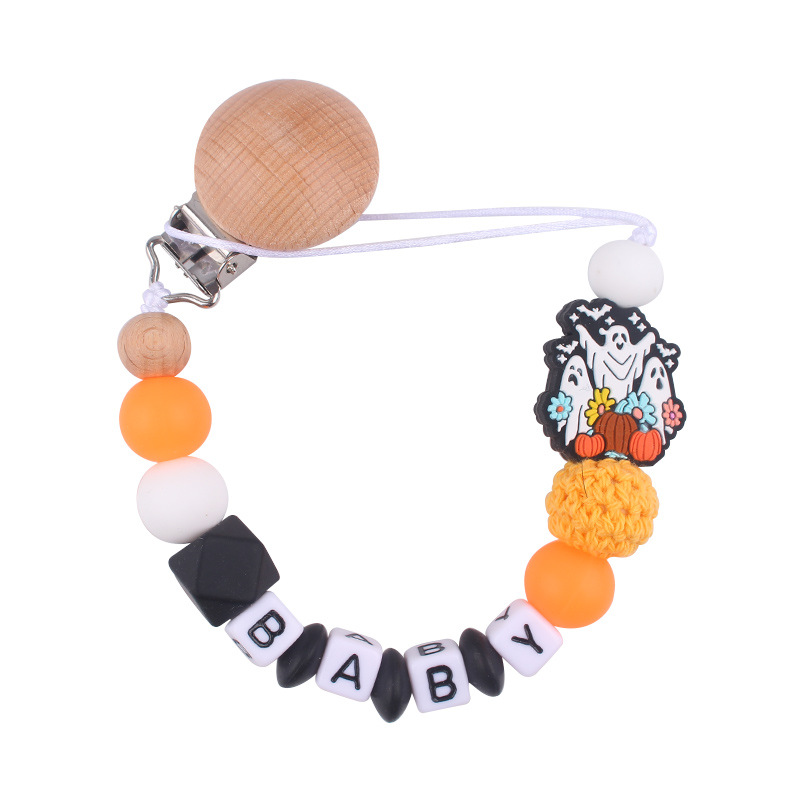 Productos para bebés, juguetes de planeta creativo, pinza de chupete de madera, cadena de chupete de silicona para bebés, cadena anti-caída