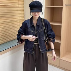 宽松显瘦撞色格子压线牛仔短款外套女2025秋季新款小个子夹克上衣
