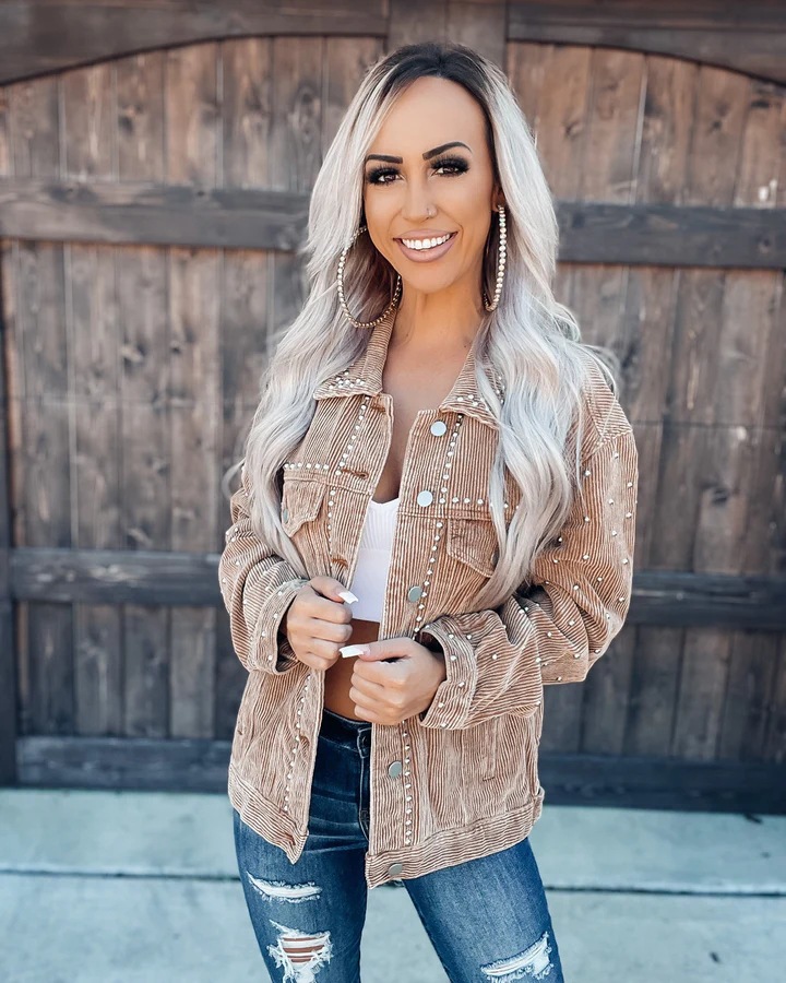 Women's Clothing 2024 early autumn new style casual fashion corduroy rivet long sleeved jacket_voghion.com