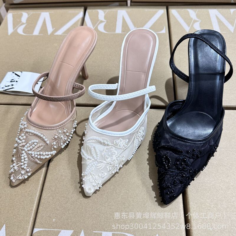 Spanish Za2024 Autumn New Mules White Embroidered Mesh Back Strap Stiletto High Heel Slingback Sandals Spanish Za2024 Autumn New Mules White Embroidered Mesh Back Strap Stiletto High Heel Slingback Sandals
