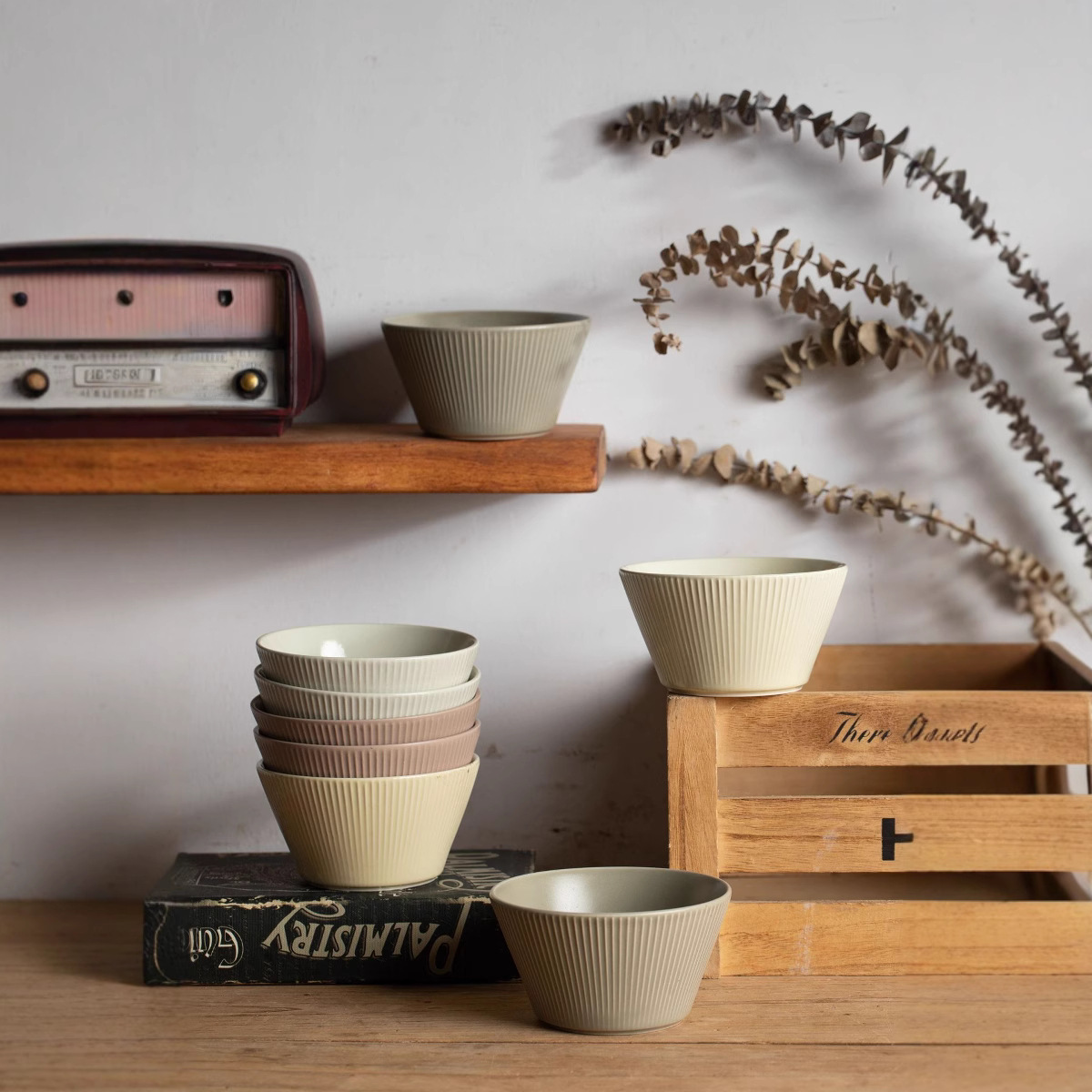 Retro estereoscópico vertical relieve de 5 pulgadas conjunto de tazón de cerámica tazón de arroz imperfecto