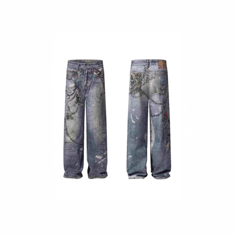 Correct version AC Niuwang 1981M washed old 3D digital printing chain printing baggy jeans wholesale