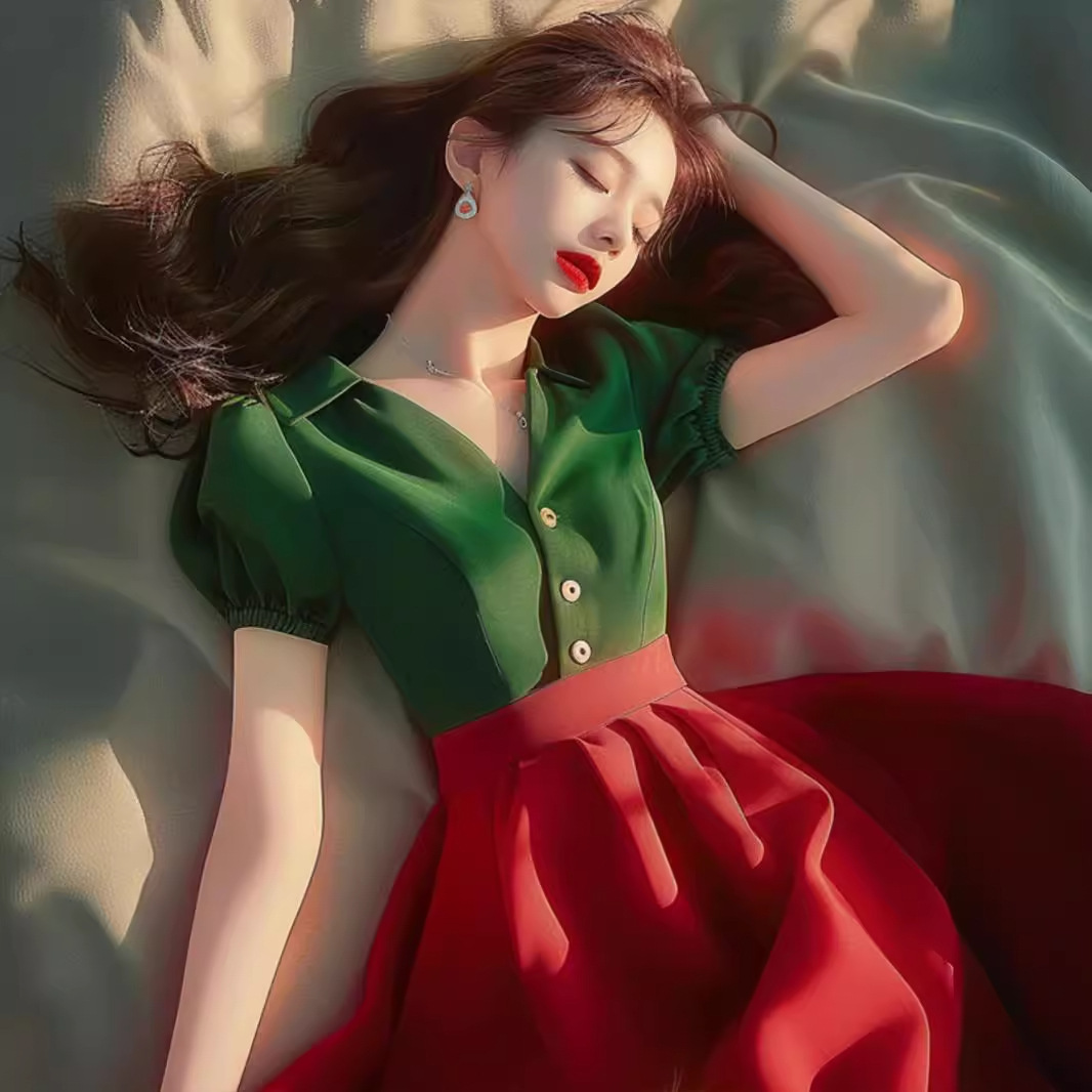 Váy maxi nữ hai màu tương phản giả hai lớp dáng dài, phù hợp người nhỏ nhắn mùa hè — Màu xanh lục đỏ