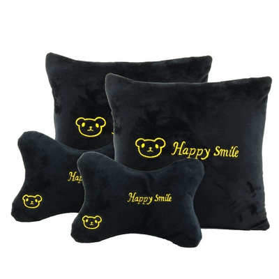 Headrest and Lumbar Support Set for Car Use in All Seasons, Crystal Plush Neck Pillow, Car Interior Accessories, Car Headrest and Neck Protector (Headrest) - black-crystal-velvet-four-piece-set-letter-bear-head