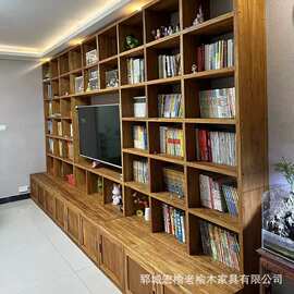 老榆木书架全实木落地书架吊柜桌面漫咖啡置物架钉制全墙满墙书柜