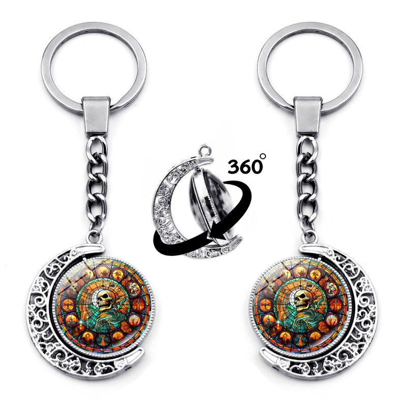 Llavero con colgante de castillo fantasma de Halloween, colgante de luna giratoria de doble cara, llavero de regalo con atmósfera espeluznante_voghion.com