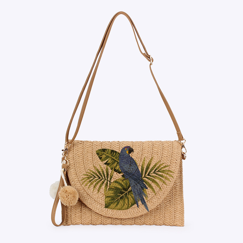 跨境现货印花鹦鹉编织草编包单肩斜挎包通勤信封手拿包可斜挎两用