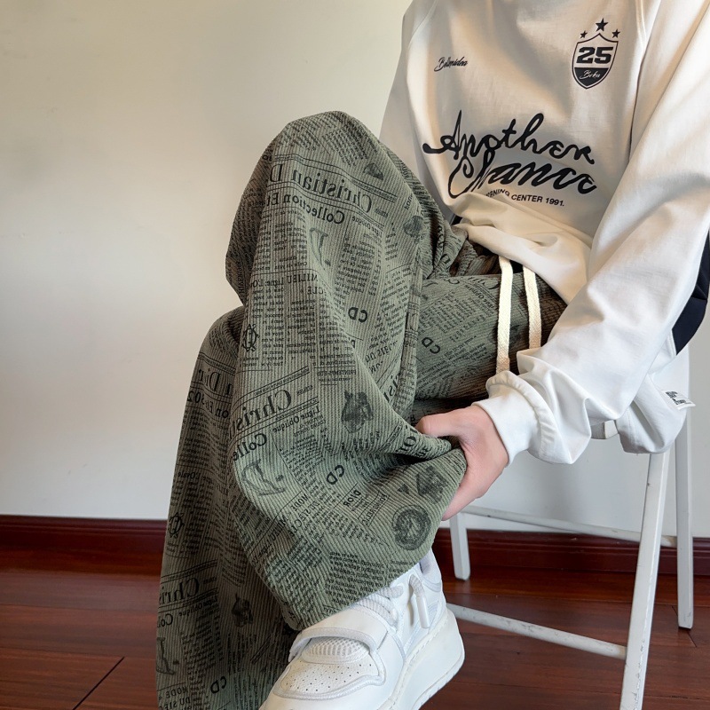 Vintage Full-Print Corduroy Wide-Leg Pants for Men, Autumn and Winter Trendy Straight Loose Long Pants, American-Style Drape Casual Pants