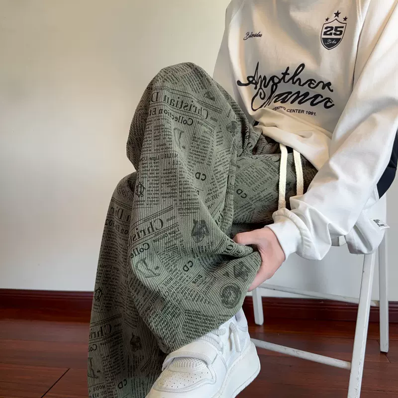 复古满印灯芯绒阔腿裤子男款秋冬潮流直筒宽松长裤美式垂感休闲裤