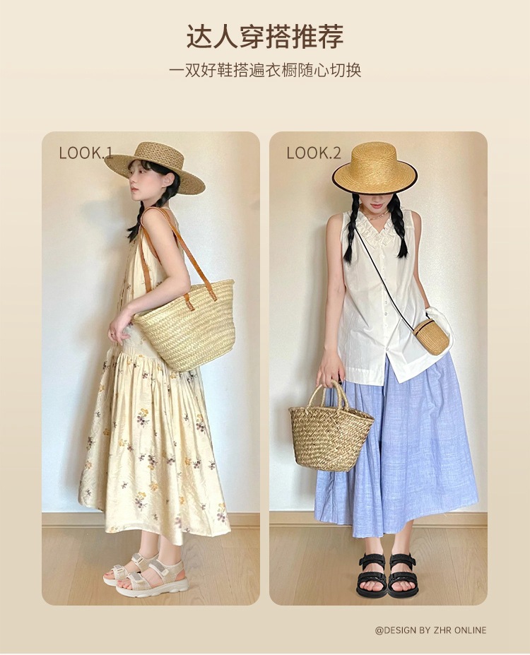Sandal nữ đế dày quai dán đính đá phong cách thể thao — ES58 Màu be chi tiết 6