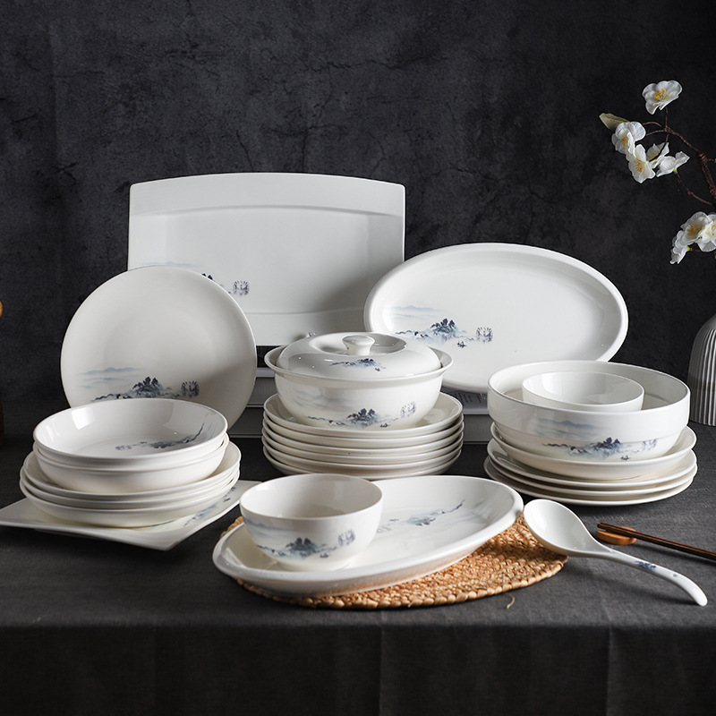 Ceramic plate dish combination suit creative private dish large soup bowl with lid soup pot hotel tableware new Chinese style Ceramic plate dish combination suit creative private dish large soup bowl with lid soup pot hotel tableware new Chinese style