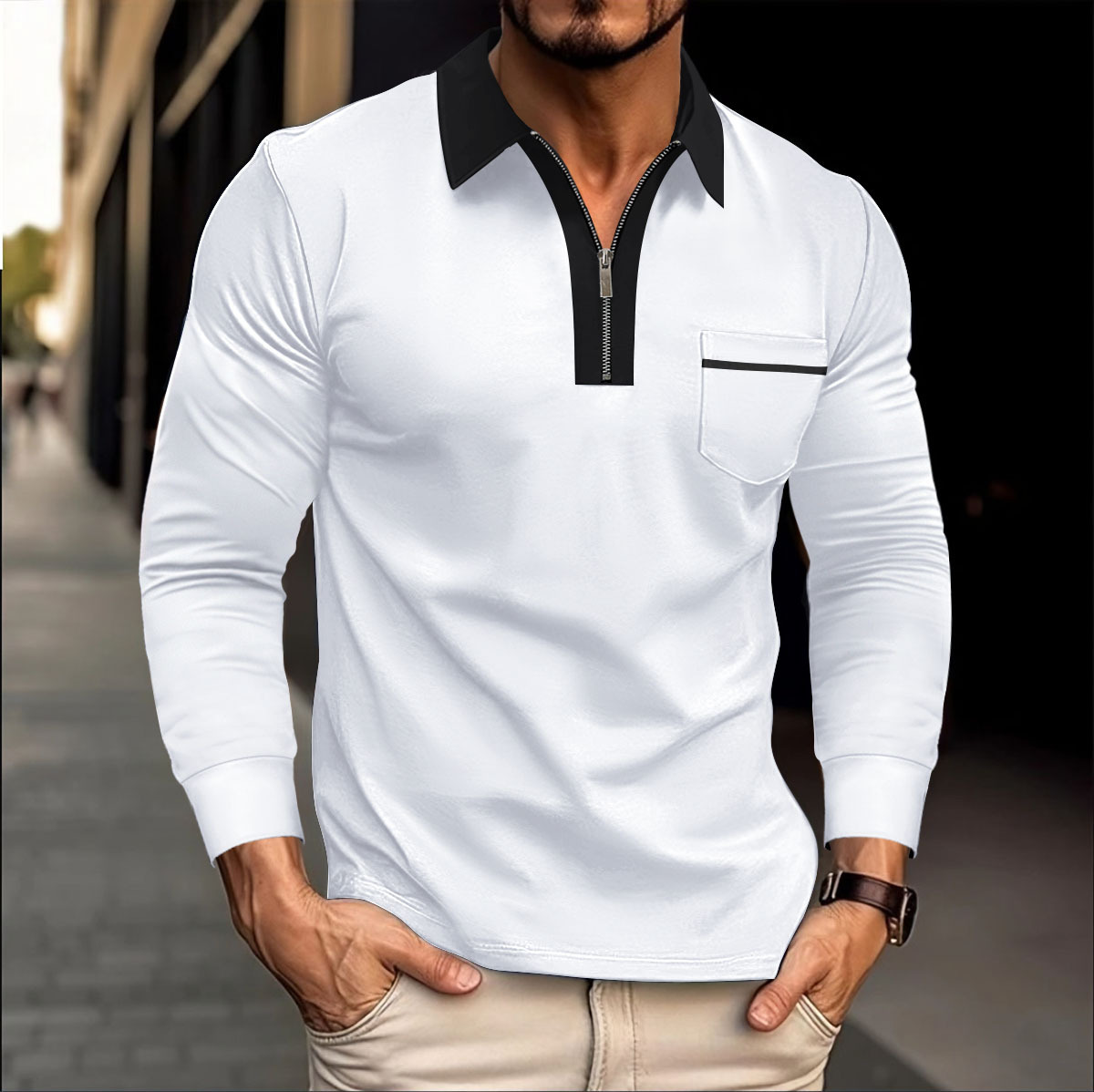 Nuevo nuevo transfronterizo Europa y América Amazon otoño de manga larga hombre bolsillo casual con cremallera casual polo image 10